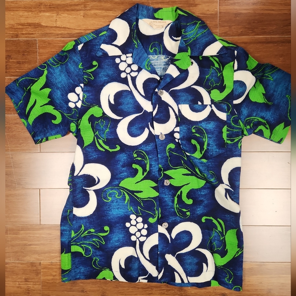 Vintage Royal Hawaiian Green Blue White Tropical Floral Shirt Small